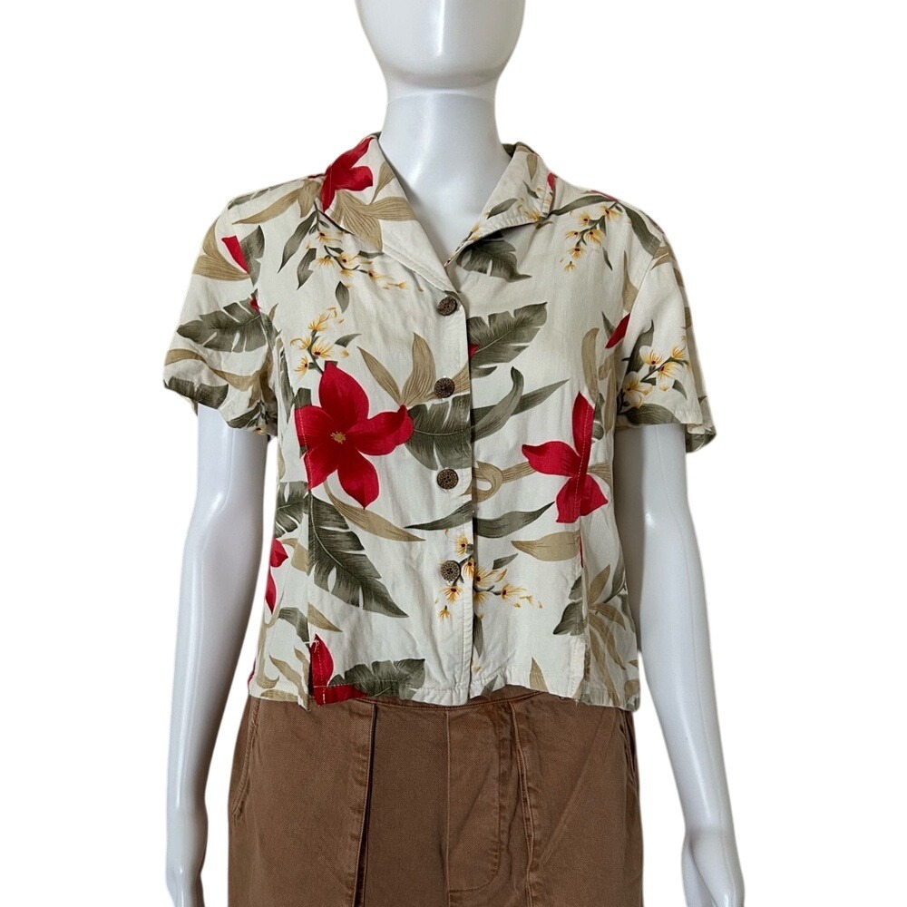 Caribbean Joe Beige Red Floral Short Sleeve Button Down Shirt Size PL